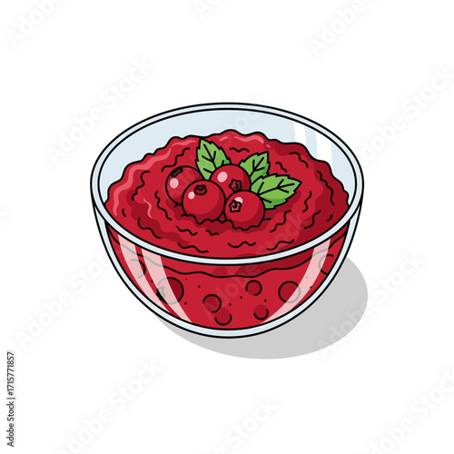 A clear glass bowl filled with vibrant red cranberry sauce, garnished with fresh cranberries and a sprig of mint.