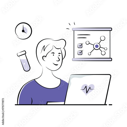 Science teacher explaining chemistry lesson on laptop screen, ready to use illustration