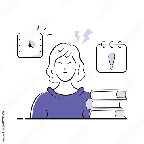 A student stressed with books, deadlines, and school workload, premium illustration