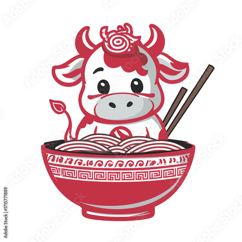 A cheerful cow character with a playful expression holds chopsticks beside a large bowl of noodles. Colorful and whimsical design highlights the fun of food festivals.