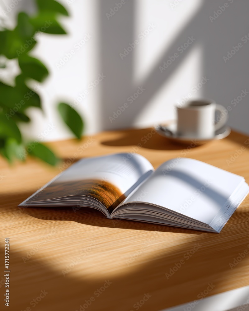 Fototapeta premium brochure mockup open on desk, professional layout, soft natural light