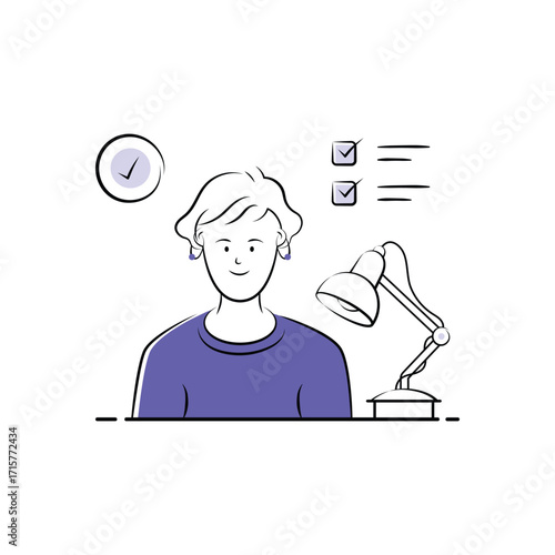A stylized illustration of a female student working at a desk, focused on completing homework.