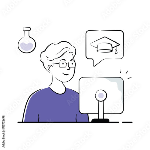 A stylized illustration of a student engaged in online learning.