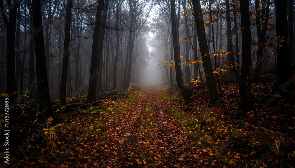 Obraz premium Misty Autumn Forest Path: A Serene Woodland Trail Covered in Fallen Leaves