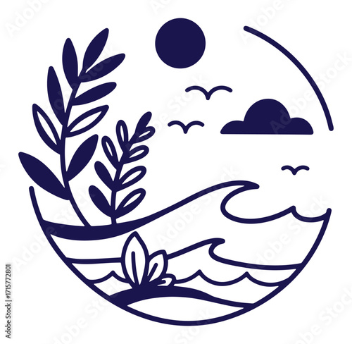 Decorative coastal scene with waves plants birds sun and cloud in circle