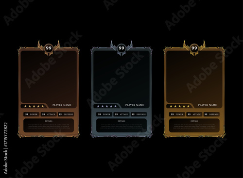 Set of Fantasy Ancient Rustic RPG Trading Card Game Templates — Character Stats with Bronze, Silver, and Gold Tier Designs