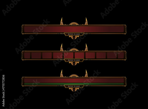 Set of Fantasy RPG Gothic Ancient Game Boss UI Elements — Gold and Red Loading Bars with Health Bar Variations for Adventure and Combat Design