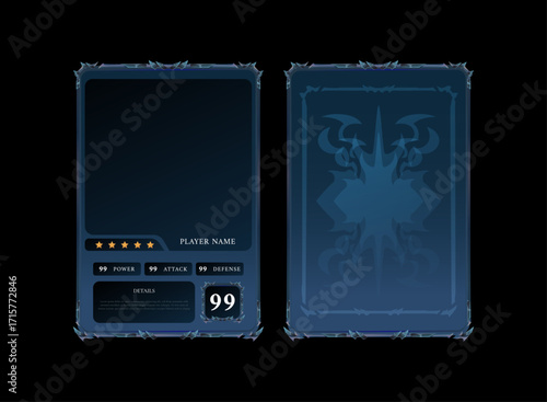 Fantasy Blue Gothic Trading Card Game Templates — TCG Character Statistic Front and Back Card Designs for RPG and Fantasy Collection