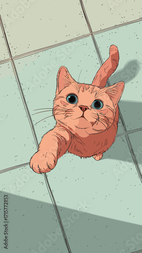 An orange cat with big blue eyes is stretching its paw toward the viewer while sitting on light green tiled flooring. The scene captures a playful moment.