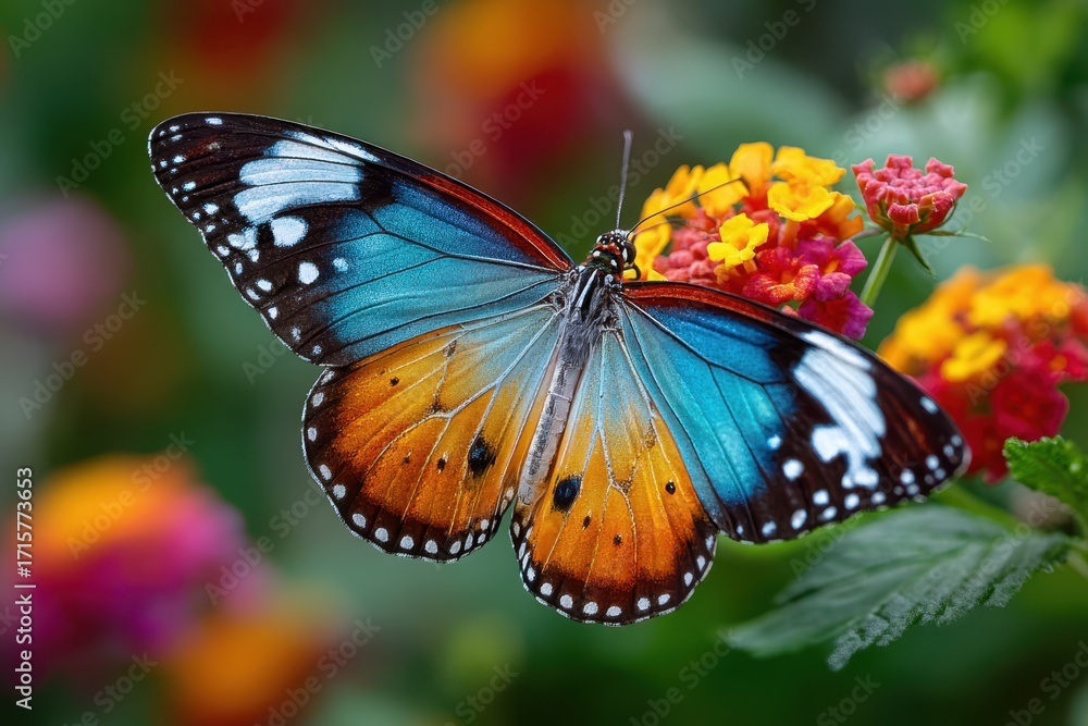 Fototapeta premium Colorful Butterfly on Vibrant Flowers in Garden