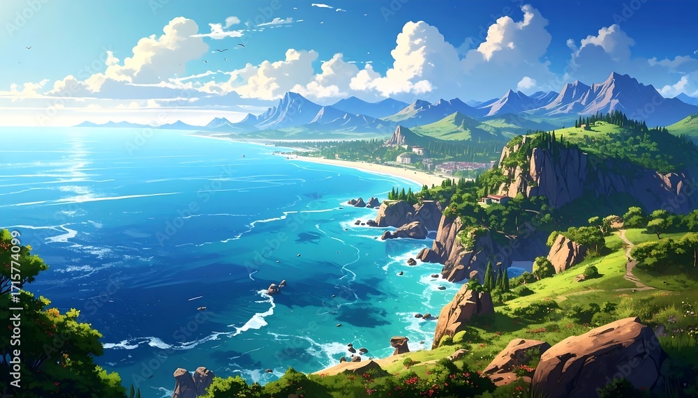 Obraz premium A vibrant coastal landscape showcases rolling hills, lush greenery, and a serene body of water.