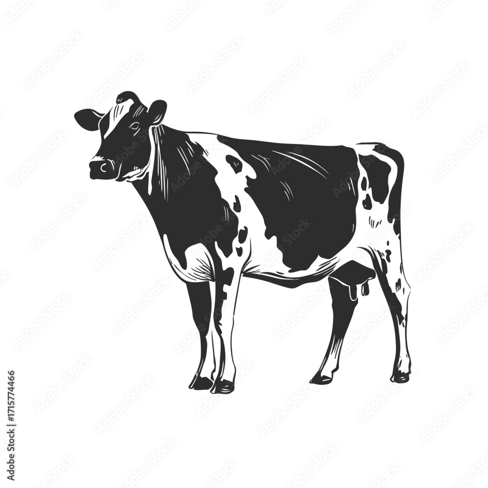 Fototapeta premium A black and white cow stands calmly in a grassy field under bright sunlight. The animal appears healthy and content in its natural environment, typical of rural farming life.