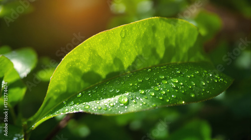 Macro Shot of Wet Green Leaf with Sunlight and Water Droplets