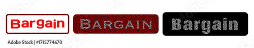 Three Stylized "Bargain" Stamps and Buttons in Red, White, and Black on a Gray Background