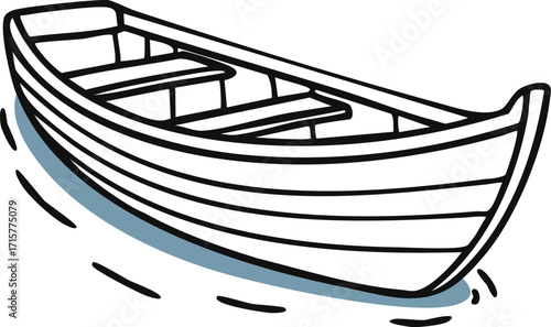 Illustration of a small rowboat floating on water, outlined in black and white.