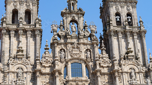View to the details of the cathedral in Santiago of Compostela, historic pilgrimage site, Galicia, Spain.