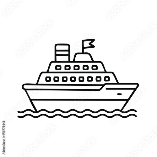 Line drawing of a cruise ship sailing on water with a flag on top.