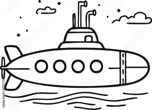 Illustration of a submarine sailing on the water under a cloudy sky.