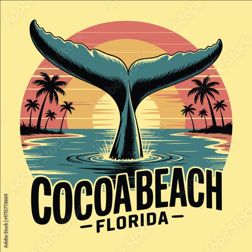Tropical sunset beach illustration with whale tail, palm trees, and ocean waves in retro vintage style travel vacation design