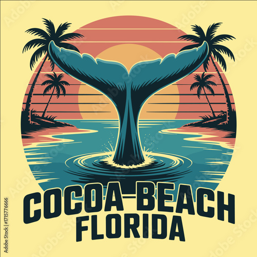 Tropical sunset beach illustration with whale tail, palm trees, and ocean waves in retro vintage style travel vacation design