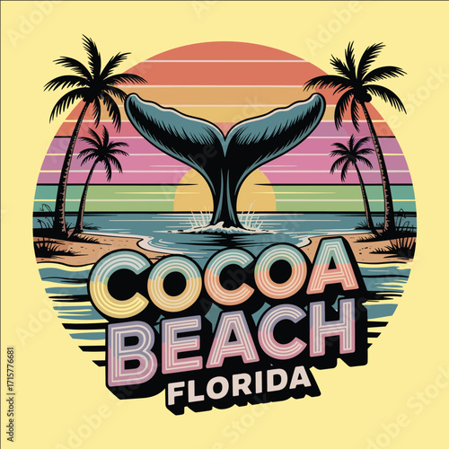Tropical sunset beach illustration with whale tail, palm trees, and ocean waves in retro vintage style travel vacation design