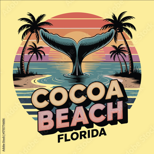 Tropical sunset beach illustration with whale tail, palm trees, and ocean waves in retro vintage style travel vacation design