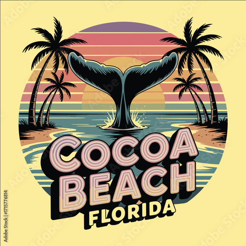 Tropical sunset beach illustration with whale tail, palm trees, and ocean waves in retro vintage style travel vacation design