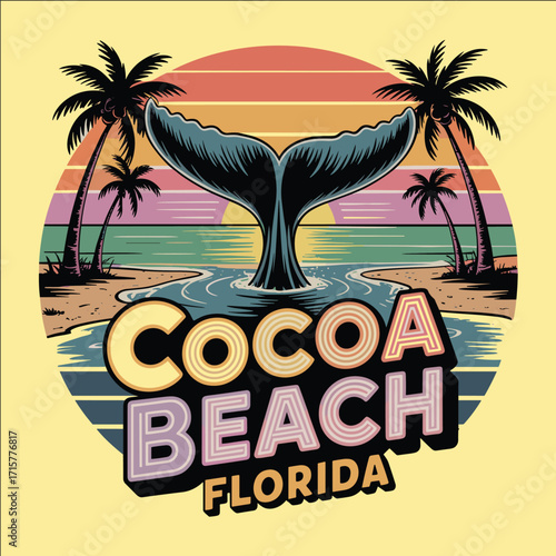 Tropical sunset beach illustration with whale tail, palm trees, and ocean waves in retro vintage style travel vacation design