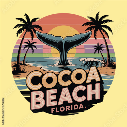 Tropical sunset beach illustration with whale tail, palm trees, and ocean waves in retro vintage style travel vacation design