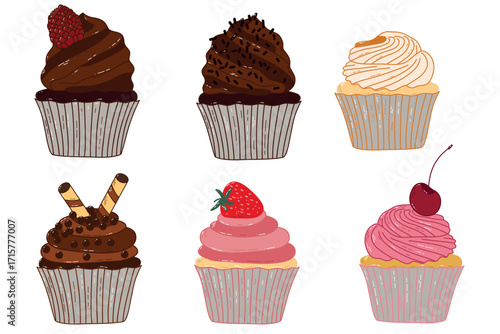 Six Assorted Frosted Cupcakes With Chocolate, Vanilla, Berry Toppings In Colorful Wrappers. A set of six cupcakes featuring rich chocolate, pink strawberry, and creamy vanilla frostings, topped 