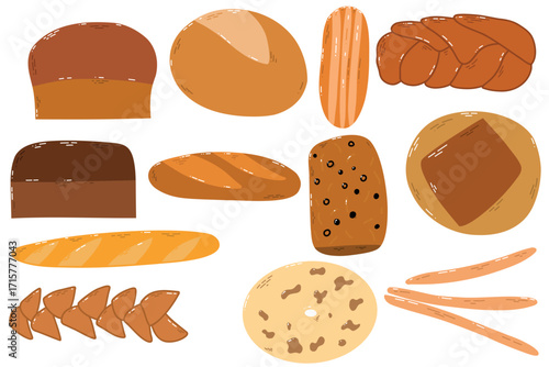 Assorted Bakery Breads And Pastries Collection Featuring Loaf, Baguette, Roll, Bun, Bagel, Cookie And Breadstick. A colorful assortment of bakery breads and pastries including loaves, baguette, roll