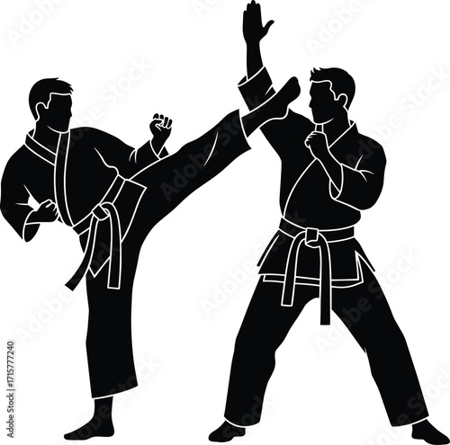 Silhouette illustration of two male karate fighters demonstrating a high kick, representing martial arts training, discipline, sport, and self-defense on a white background.