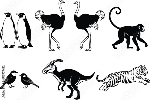 Animal silhouette, black and white, vector art, dinosaur, penguin, ostrich, monkey, tiger, bird, wildlife, nature, prehistoric, modern, jumping tiger, Parasaurolophus, cartoon style, isolated