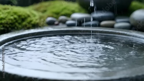 Close-up of gentle water droplets creating ripples in a stone basin