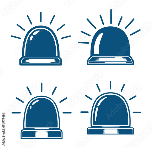 Set of four blue emergency siren icons with light rays on white background