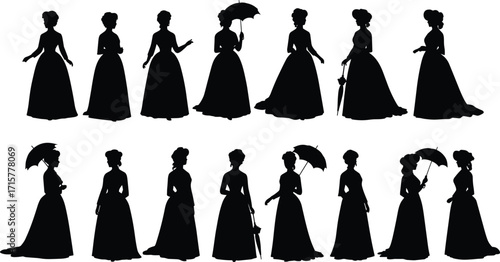 Victorian women silhouette set, black and white illustration, elegant dress poses, umbrella accessories, historical fashion design collection