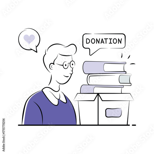 A simple, stylized illustration depicts a person placing books into a donation box.