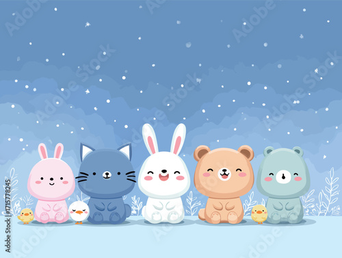 Five adorable animal characters, including a bunny, a cat, and a bear, sit together on a snowy background. Their bright colors bring joy to the winter scene.