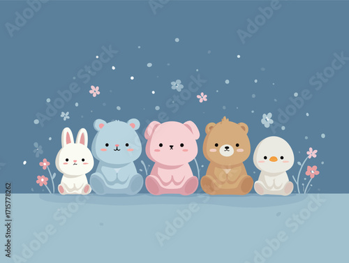 Five adorable cartoon animals sit side by side on a light blue background. They are surrounded by small flowers, creating a peaceful and charming scene.
