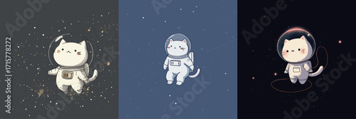 Three adorable cats dressed in spacesuits float in a colorful space scene filled with stars. Each cat has a unique expression, showcasing their curiosity.