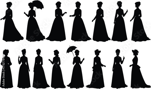 Victorian women silhouette set, black and white illustration, elegant dress poses, parasol accessories, historical fashion design collection