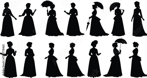 Vintage gown silhouette set, black and white illustration, historical fashion poses, elegant women with parasols, period costume design pack