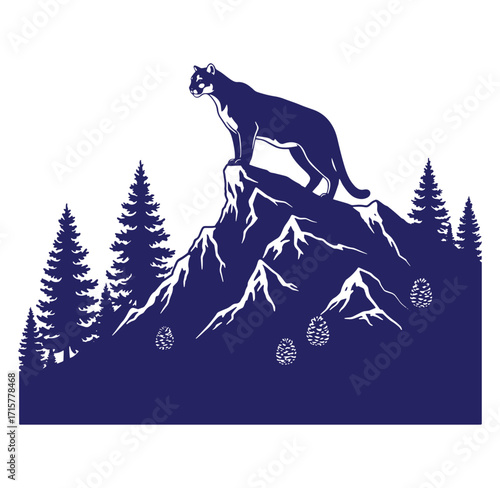 Silhouette illustration of a mountain lion on a rocky peak overlooking a pine forest landscape