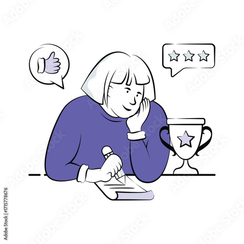 Student giving review and rating for academic performance, hand drawn illustration