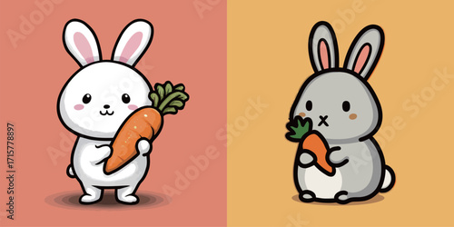 Two adorable cartoon rabbits stand confidently, one white with a carrot and one gray with a green carrot top. The background features vibrant colors.