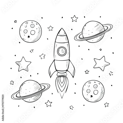 Hand drawn space rocket, planets and stars illustration.