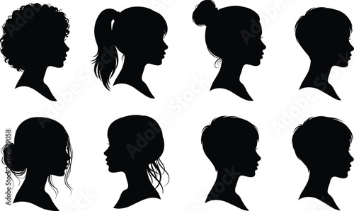 Female hairstyle silhouette set, black and white profile illustration, diverse haircuts, fashion design reference, beauty concept, hair icon bundle