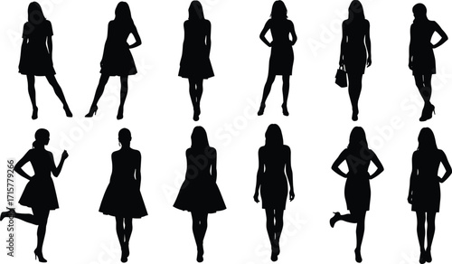Female silhouette pose set, black and white illustration, fashion stance collection, casual and elegant gestures, woman figure design pack