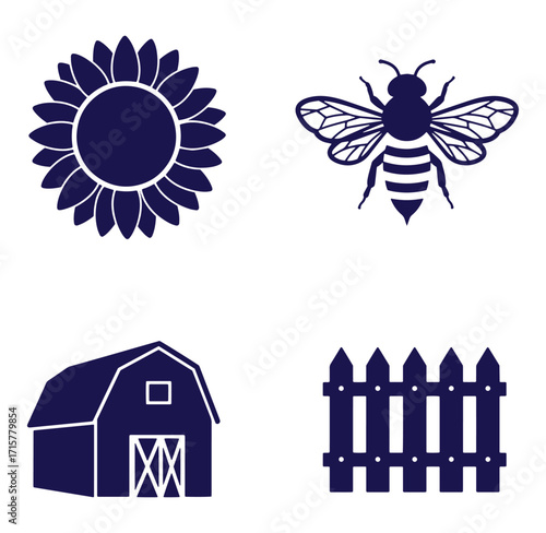 Simple farm animals and barnyard elements in a clean flat design vector style