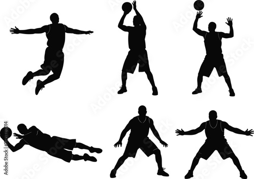 Basketball player silhouette, action pose, sports movement, jump shot, defense stance, athletic motion, vector illustration, black figure, white background
